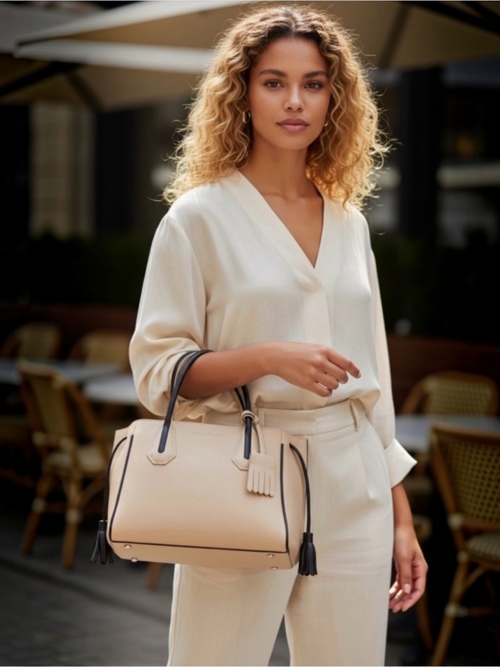 Longchamp Penelope Leather Sandy/Black Tote Bag 11X9.5X4.75
